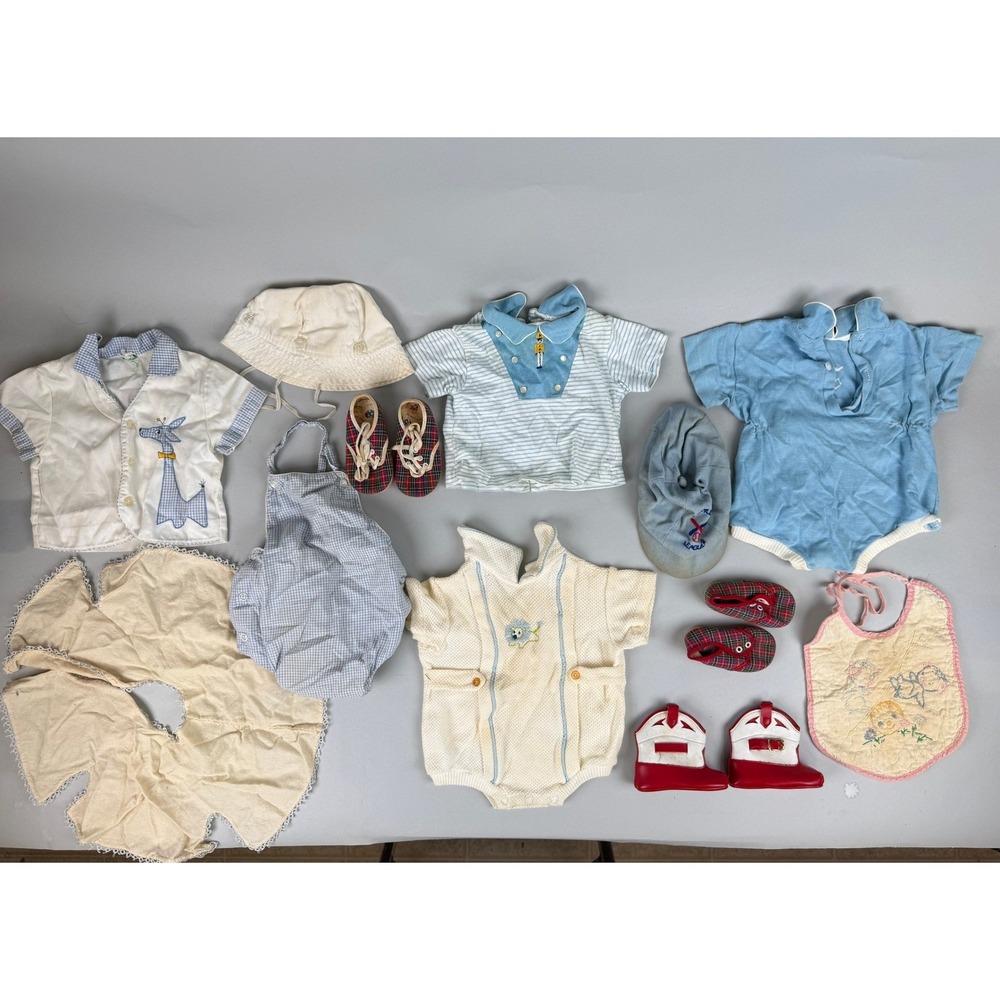 Pemay Vintage Baby Boy Clothing Lot M Blue Good Rompers Shirts Shoes Hat Bib